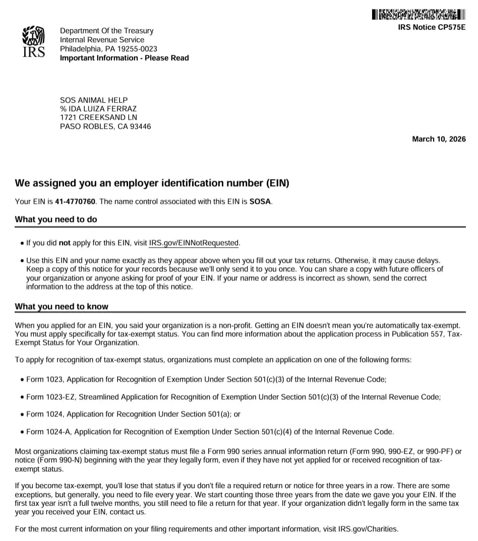 IRS Notice CP575 assigning the employer identification number 41-4770760 to SOS Animal Help, dated March 10, 2026.